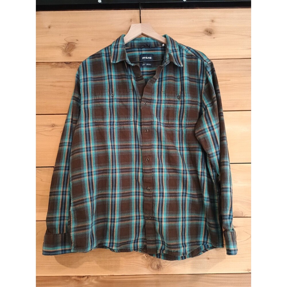 prAna Light Flannel Shirt Large DOLBERG Organic Cotton Aqua Blue Plaid
